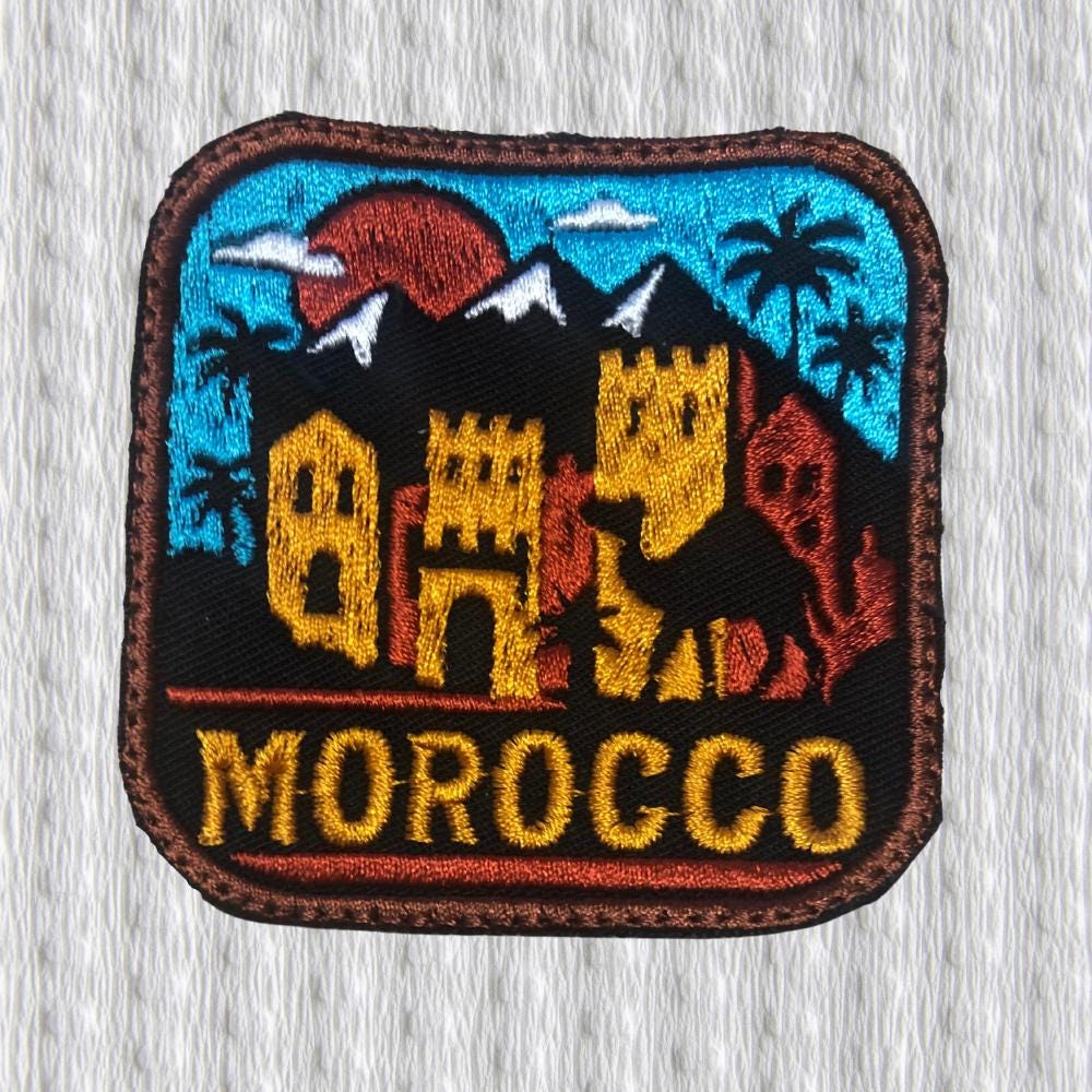 Morocco Travel Patch – Desert Sunset Badge, Moroccan Landscape Embroidered Iron-On Patch, Souvenir Travel Gift, Backpack Jacket Patch
