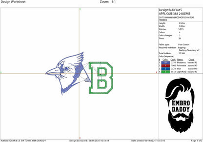 Machine Embroidery files, bluejay appliqué, PES, dst, xxx, hus & more