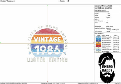 Machine Embroidery files, 1986, 40 year of being awesome, limited edition, birthday funny, PES, xxx, hus & more