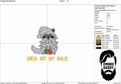 Machine Embroidery files, Check out my Balls, Funny Christmas Raccoon, Adult Holiday humor, Christmas vacation, PES, xxx, hus & more