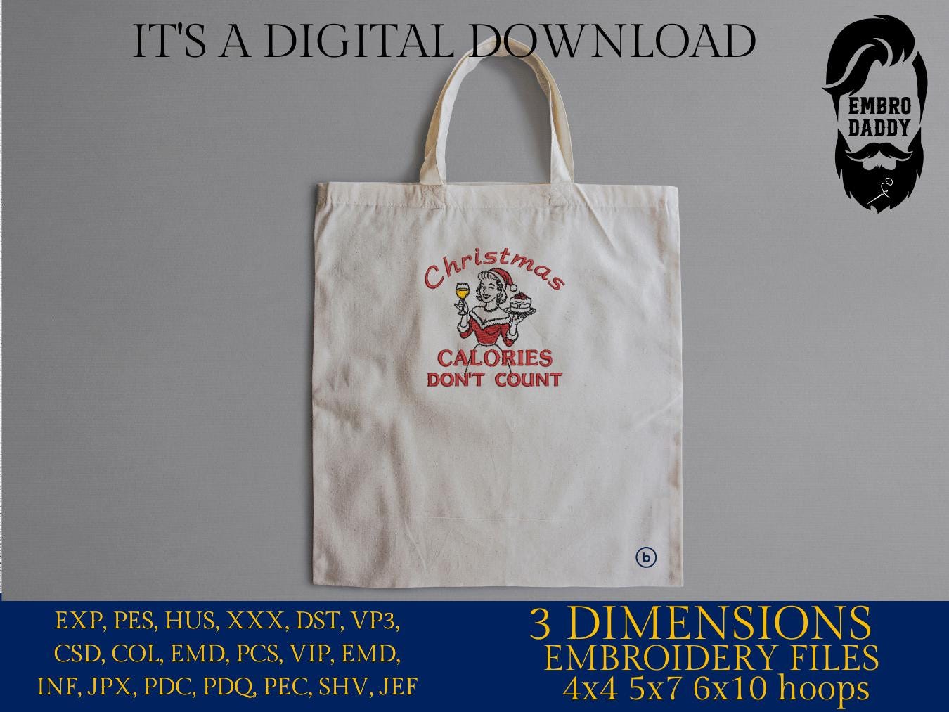 Machine Embroidery files, Funny Christmas Party Girly, Christmas Calories don't count, Retro Sassy Holiday Humor, PES, xxx, hus & more