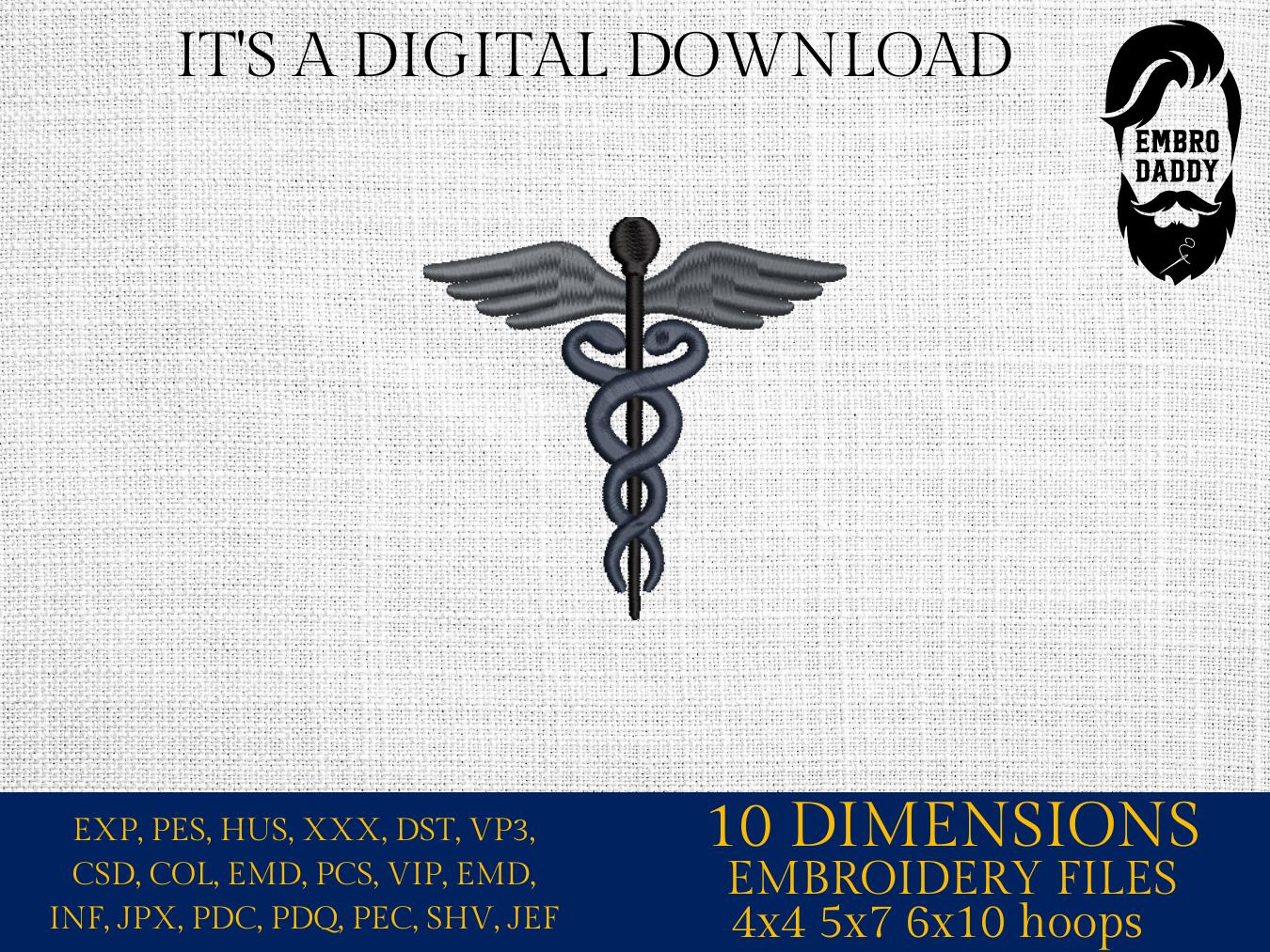 Machine Embroidery files, Medical Caduceus Symbol Silhouette, hospital, doctor, nurse, dst, PES, xxx, hus & more