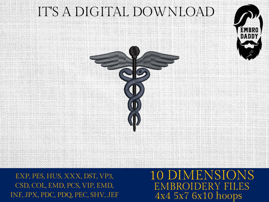 Machine Embroidery files, Medical Caduceus Symbol Silhouette, hospital, doctor, nurse, dst, PES, xxx, hus & more