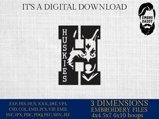 Machine Embroidery files, Husky in H Letter, PES, 1st, xxx, hus & more