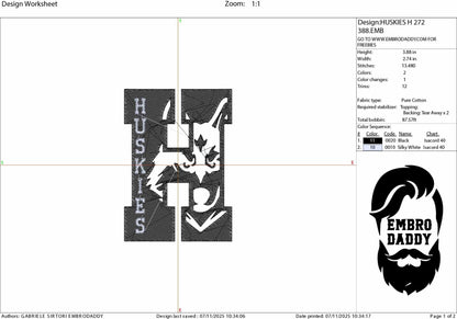 Machine Embroidery files, Husky in H Letter, PES, 1st, xxx, hus & more