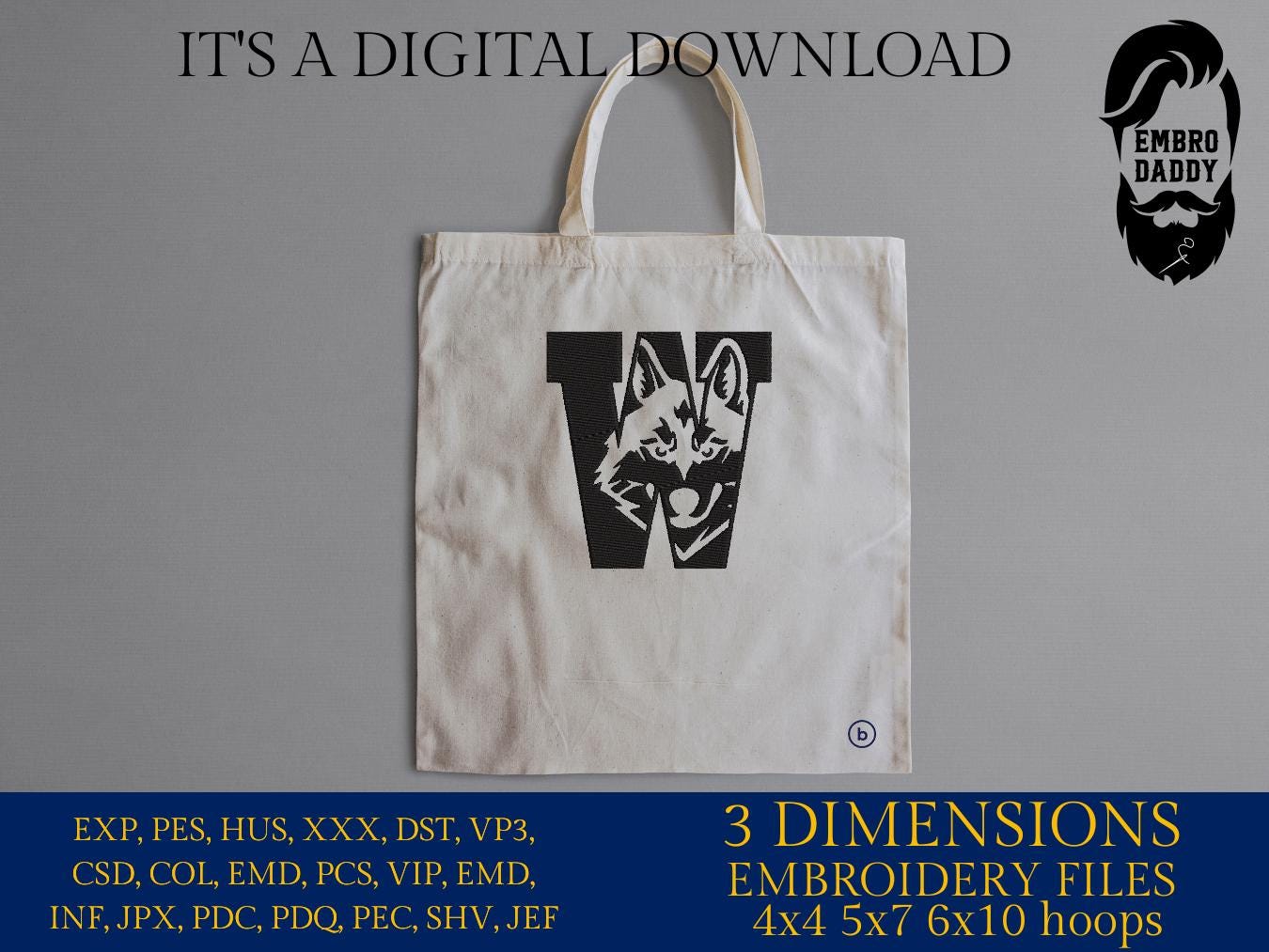 Machine Embroidery files, Wolf in W Letter, PES, 1st, xxx, hus & more