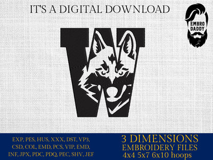 Machine Embroidery files, Wolf in W Letter, PES, 1st, xxx, hus & more