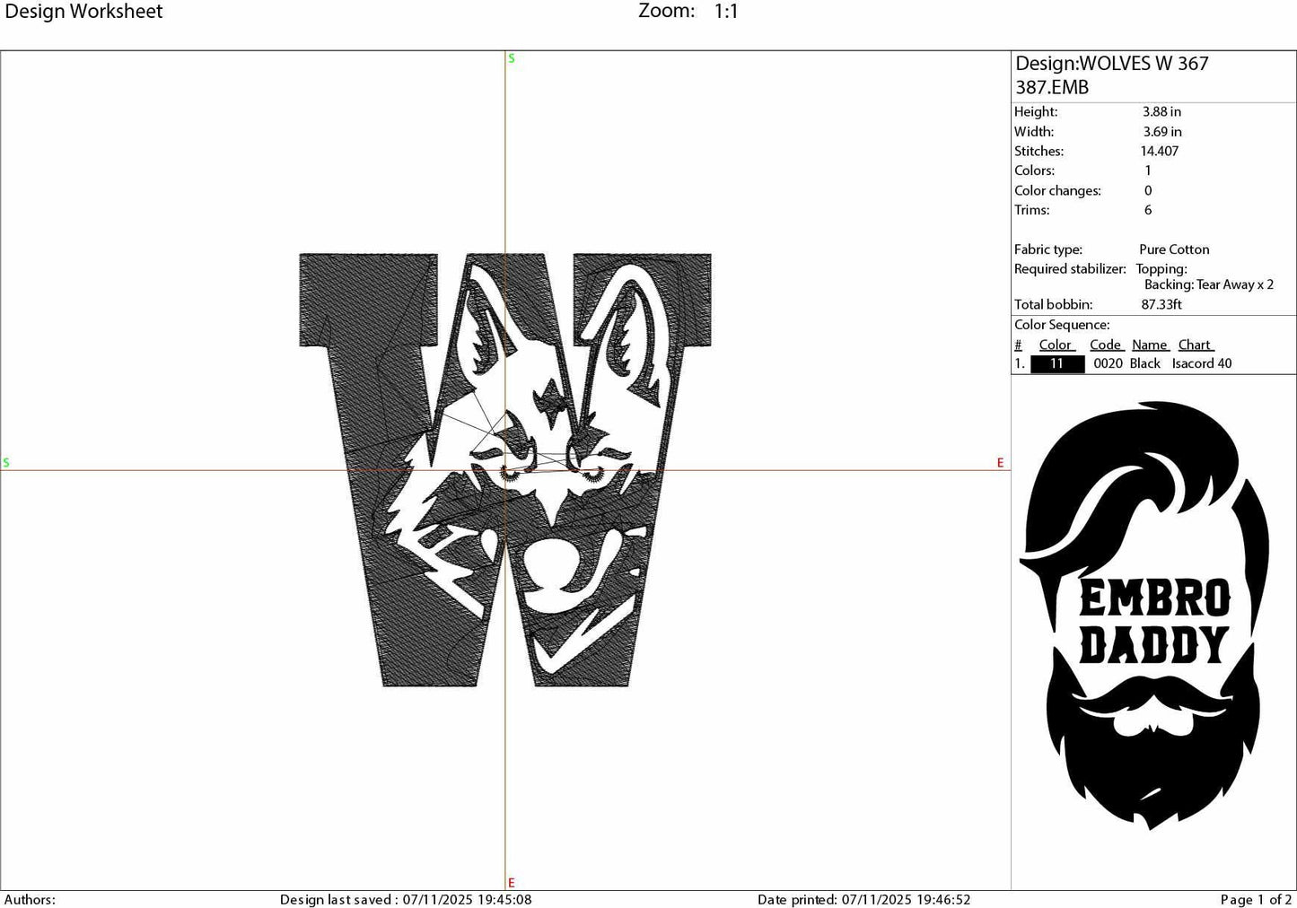 Machine Embroidery files, Wolf in W Letter, PES, 1st, xxx, hus & more