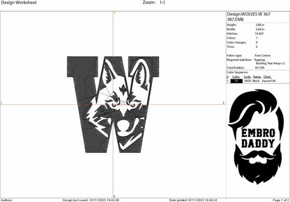 Machine Embroidery files, Wolf in W Letter, PES, 1st, xxx, hus & more