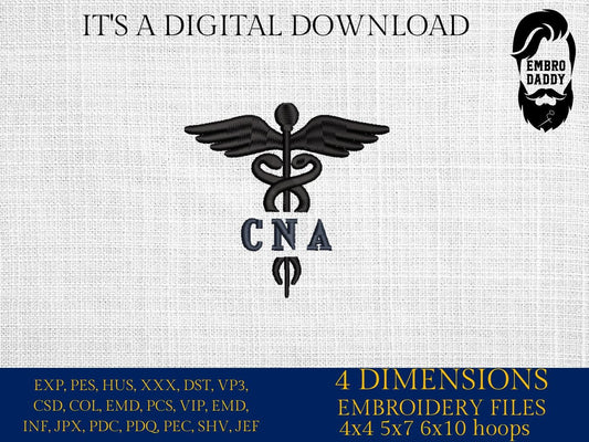 Machine Embroidery files, Medical Caduceus Symbol Silhouette with CNA Certified Nursing Assistant Staff, dst, PES, xxx, hus & more