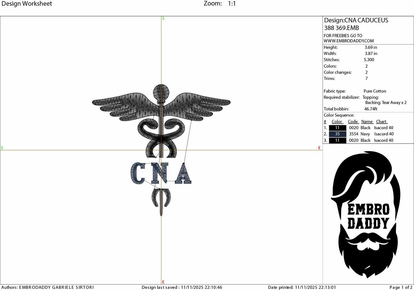 Machine Embroidery files, Medical Caduceus Symbol Silhouette with CNA Certified Nursing Assistant Staff, dst, PES, xxx, hus & more
