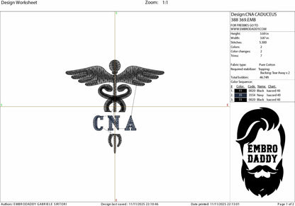 Machine Embroidery files, Medical Caduceus Symbol Silhouette with CNA Certified Nursing Assistant Staff, dst, PES, xxx, hus & more