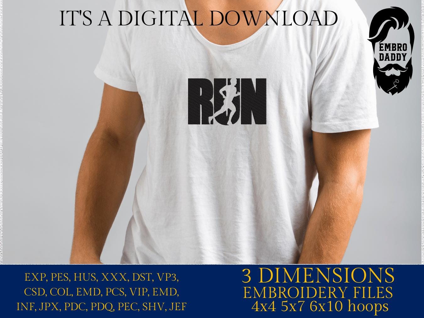 Machine embroidery files, man run, running, Embroidery Pattern File in PES, DST, hus & more