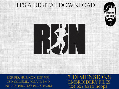 Machine embroidery files, man run, running, Embroidery Pattern File in PES, DST, hus & more