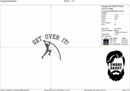 Machine Embroidery files, Track and Field Pole Vault Event, Male Pole Vaulter, "Get Over It!" , PES, xxx, dst, hus & more