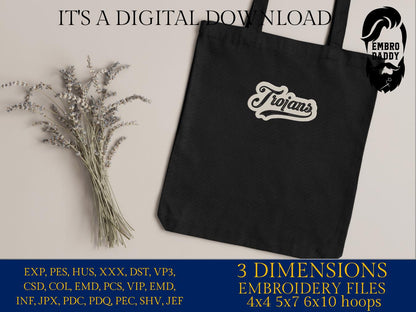 Machine Embroidery files, "Trojans" Team Name, Swoosh, PES, xxx, hus & more