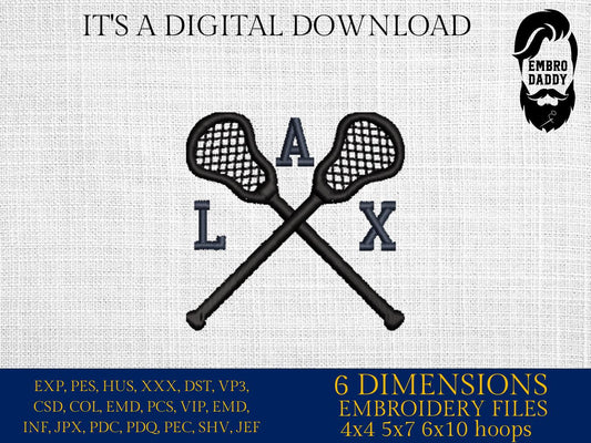 Machine Embroidery files, Two Double Crossed Lacrosse Sticks for Players. Teams, Coaches, Parents, Moms, Dads, DST, PES, xxx, hus & more