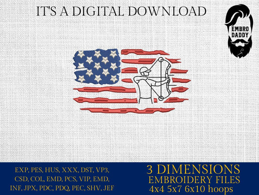 Machine Embroidery files, Compound Bow, Usa flag, Compound archerl, PES, DST, hus & more