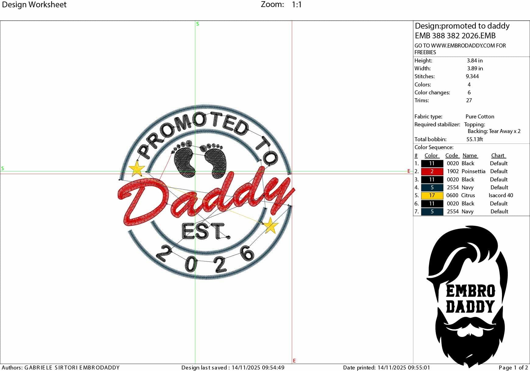 Machine embroidery files, Promoted to Daddy EST 2026, PES, DST, hus & more