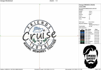 Machine Embroidery files, Friends Cruise 2026, memories together, PES, xxx, hus & more, embroidery files