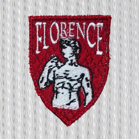 Embroidered Florence Patch – David Statue Shield Emblem, Florence trip souvenir, Sew On, Iron On, width 5,3 cm. x height 7 cm.