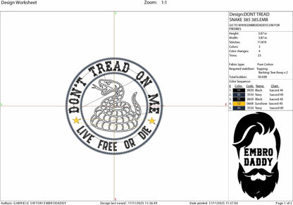 Machine Embroidery files, Don’t Tread On Me Live Free Or Die, Patriotic Circle Snake Design, USA Freedom , DST, PES, xxx hus & more,