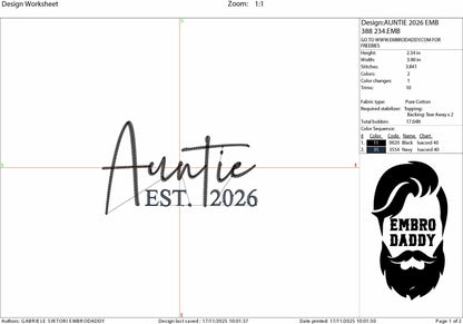 Machine Embroidery files, Auntie est. 2026, embroidery files, PES, xxx, hus & more, embroidery files