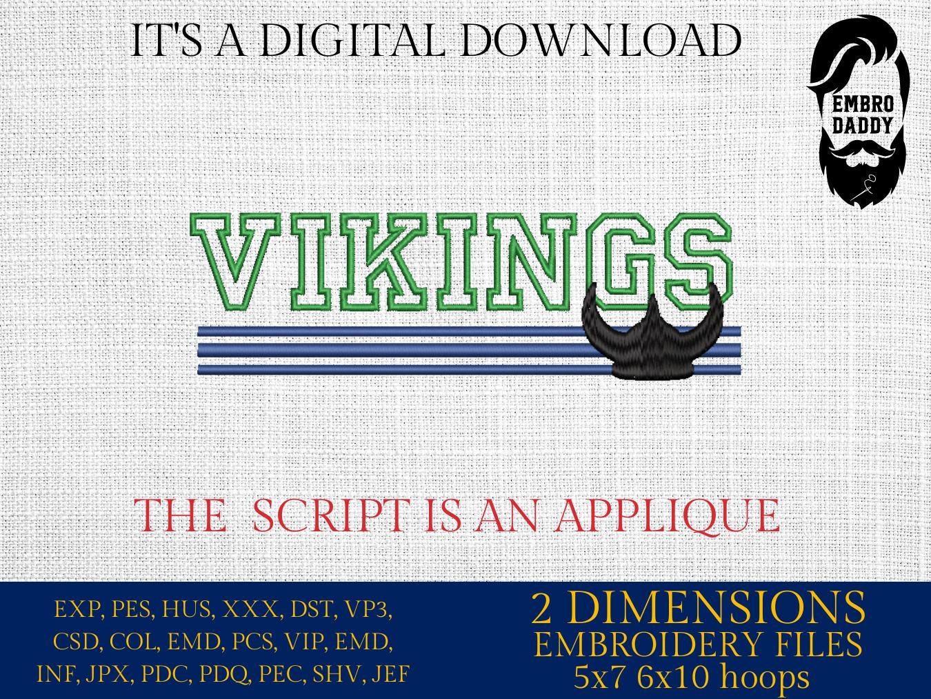 Machine Embroidery files, Vikings appliqué, sport, PES, dst, xxx, hus & more