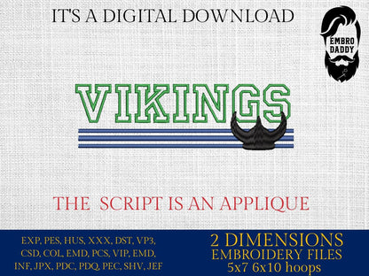 Machine Embroidery files, Vikings appliqué, sport, PES, dst, xxx, hus & more
