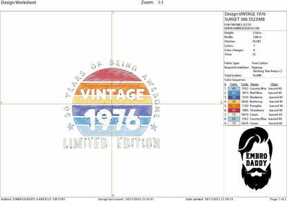 Machine Embroidery files, 1976, 50 year of being awesome, limited edition, birthday funny, PES, xxx, hus & more