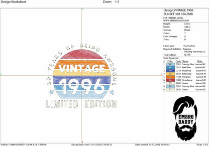 Machine Embroidery files, 1996, 30 year of being awesome, limited edition, birthday funny, PES, xxx, hus & more