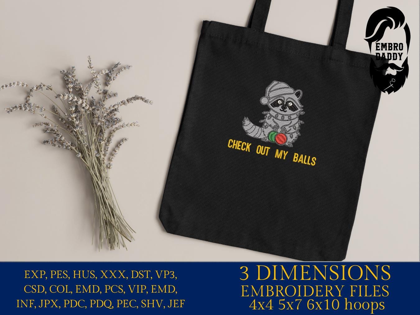 Machine Embroidery files, Check out my Balls, Funny Christmas Raccoon, Adult Holiday humor, Christmas vacation, PES, xxx, hus & more