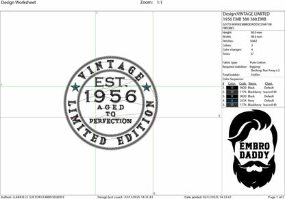 Machine Embroidery files, Vintage 1956 aged to perfection pes, 70 years, birthday funny embroidery files, gift idea PES, xxx, hus & more