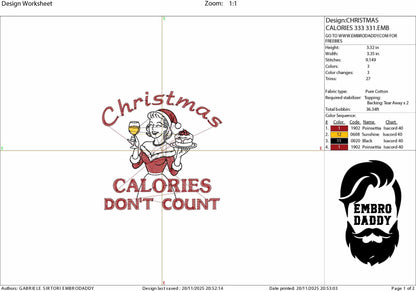 Machine Embroidery files, Funny Christmas Party Girly, Christmas Calories don't count, Retro Sassy Holiday Humor, PES, xxx, hus & more