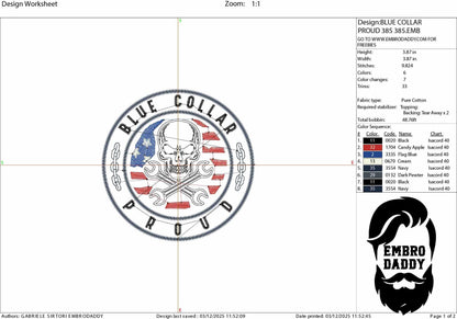Machine Embroidery files, Proud Blue Collar, Patriotic, Skull, USA Flag, Mechanic, American, Biker, Working, Labor, PES, DST, hus and more