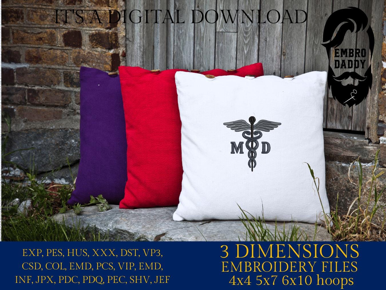 Machine Embroidery files, Medical Caduceus Symbol Silhouette, Letters "MD" for Medical Doctor, Physician, hospital dst, PES, xxx, hus & more
