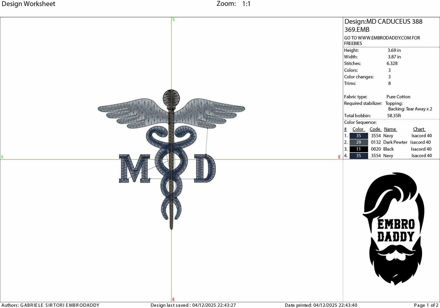 Machine Embroidery files, Medical Caduceus Symbol Silhouette, Letters "MD" for Medical Doctor, Physician, hospital dst, PES, xxx, hus & more