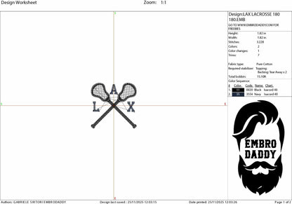 Machine Embroidery files, Two Double Crossed Lacrosse Sticks for Players. Teams, Coaches, Parents, Moms, Dads, DST, PES, xxx, hus & more