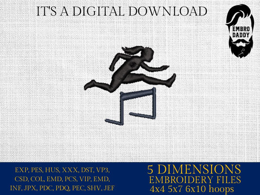 Machine Embroidery files, Track Field Female, Woman Hurdler with Pony Tail Jumping Hurdle, sport, PES, xxx, hus & more