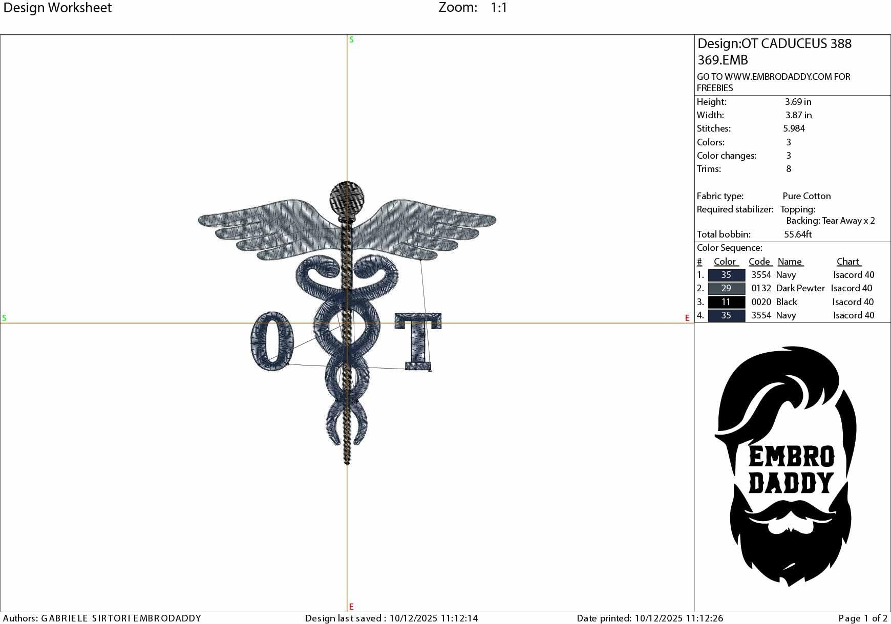 Machine Embroidery files, Medical Caduceus Symbol Silhouette, OT for Occupational Therapist, Therapy, hospital dst, PES, xxx, hus & more