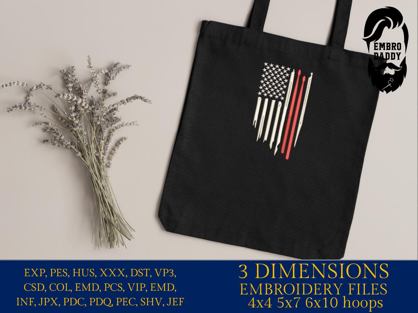 Machine Embroidery files, Usa flag, drum sticks, drums player, PES, DST, hus & more