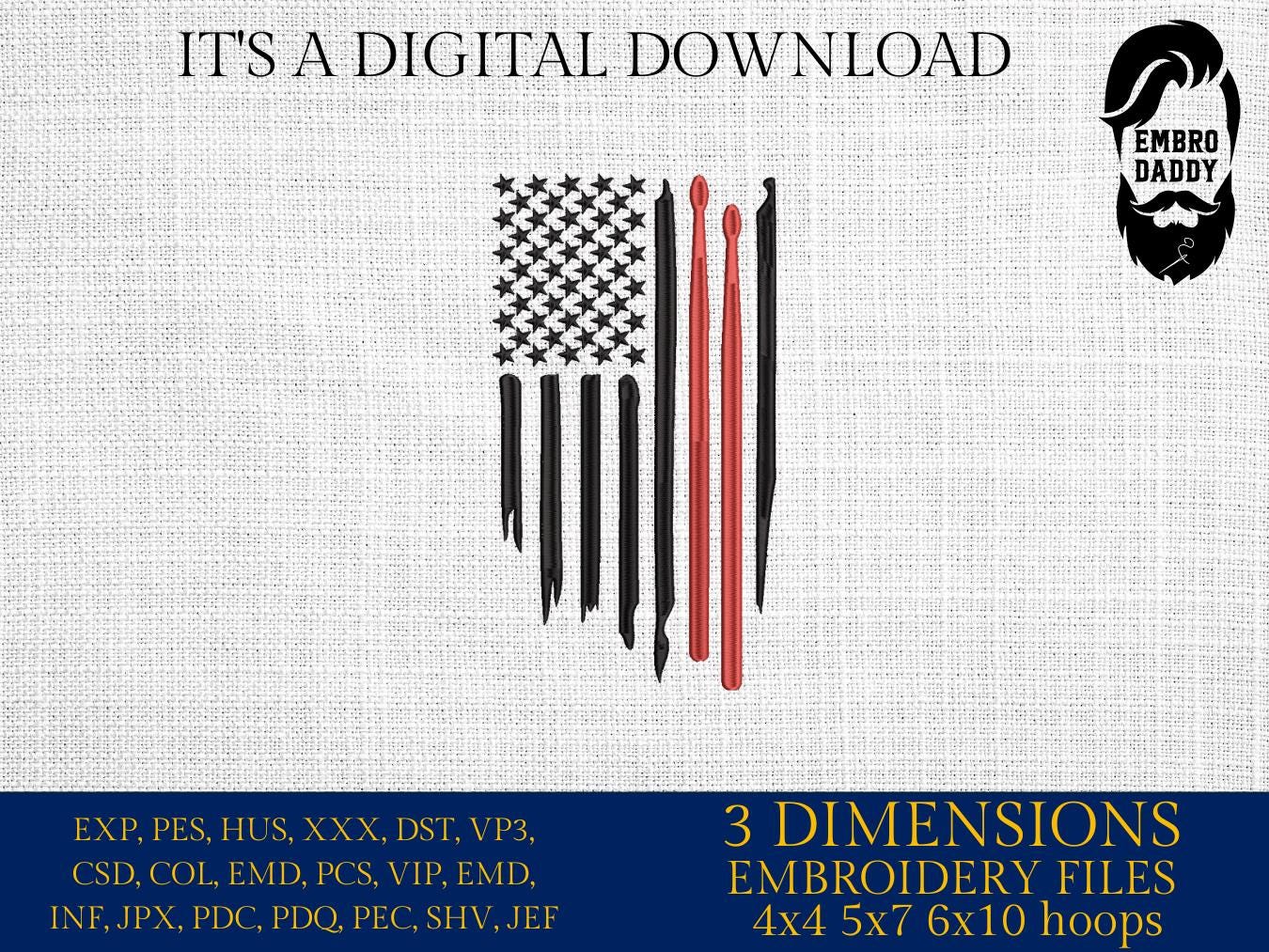 Machine Embroidery files, Usa flag, drum sticks, drums player, PES, DST, hus & more