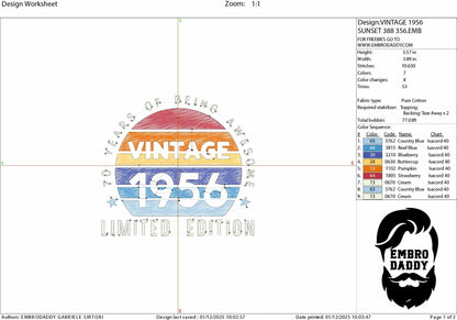 Machine Embroidery files, 1956, 70 year of being awesome, limited edition, birthday funny, PES, xxx, hus & more