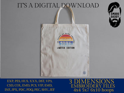 Machine Embroidery files, 1996, 30 year of being awesome, limited edition, birthday funny, PES, xxx, hus & more