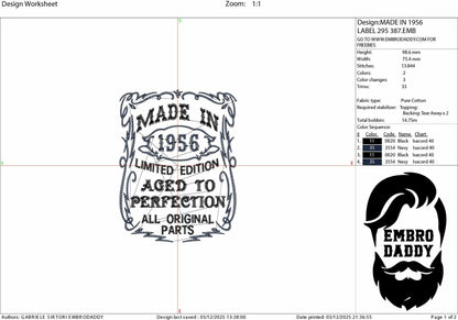 Machine Embroidery files, made in 1956 aged to perfection pes, birthday funny embroidery files, gift idea PES, DST, xxx, hus & more