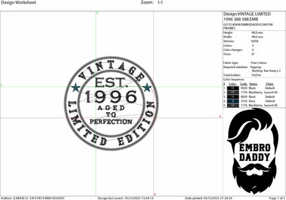 Machine Embroidery files, Vintage 1996 aged to perfection pes, birthday funny embroidery files, gift idea PES, xxx, hus & more