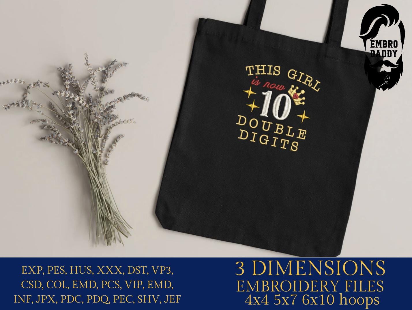 Machine Embroidery files, this girl is double digits, PES, dst, vip, xxx, hus & more