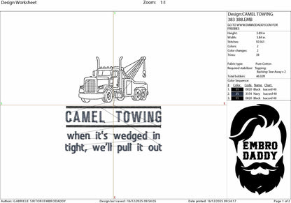 Machine Embroidery files, Camel Towing, Funny Adult Tow Truck Humor, Digital File, PES, xxx, hus & more