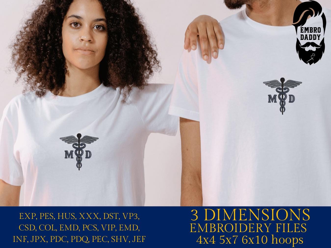 Machine Embroidery files, Medical Caduceus Symbol Silhouette, Letters "MD" for Medical Doctor, Physician, hospital dst, PES, xxx, hus & more