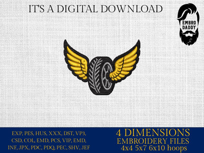 Machine Embroidery files, Wheel With Wings, cars lover, PES, DST, xxx, hus & more
